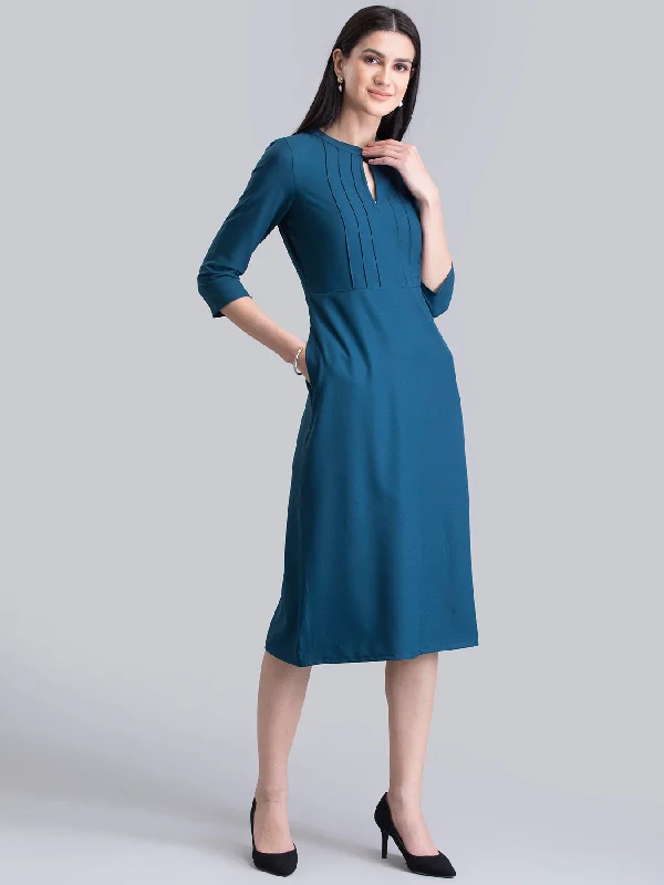 Stylised Neck Pintuck Dress - Teal