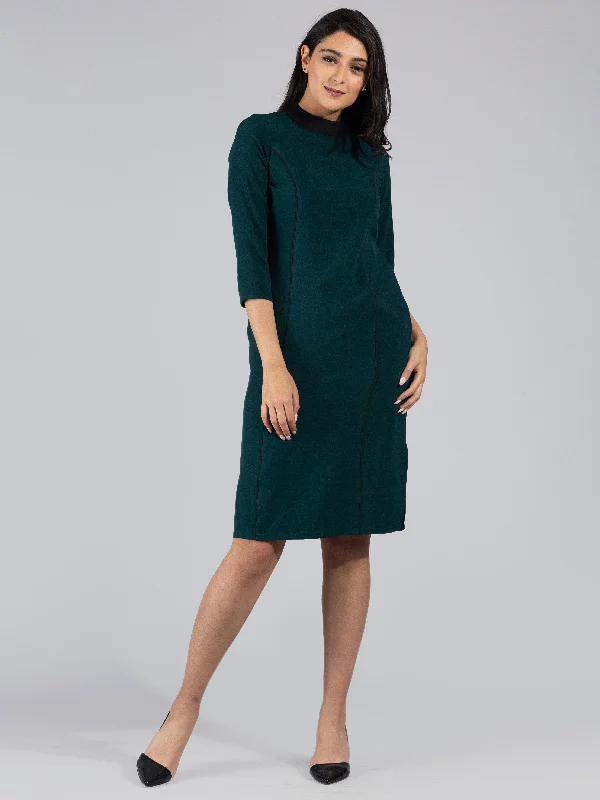 High Neck Colour Block Knee Length Dress - Dark green