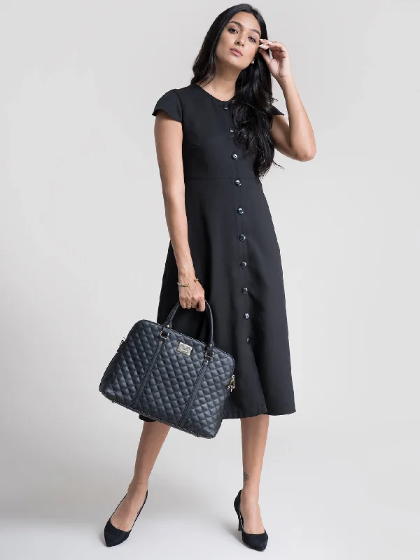 Round Neck A line Dress - Black