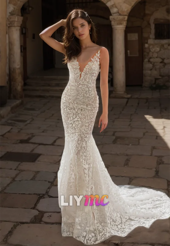 V-Neck Sleeveless Lace Appliques Mermaid Wedding Dress