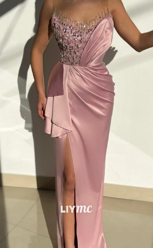 LP2027 - Scoop Sleeveless Beaded Pleated High Slit Side Slit Prom Dress