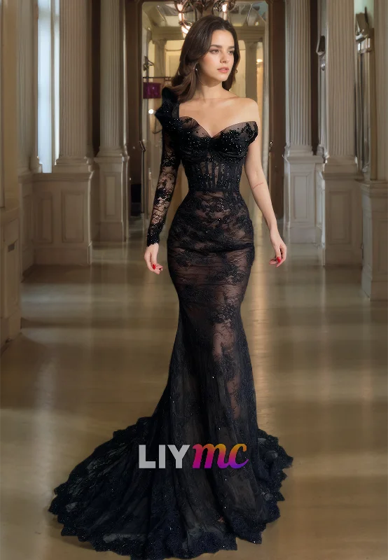 LP309 - Sexy One Shoulder Beaded Lace Mermaid Long Prom  Formal Evening Dress