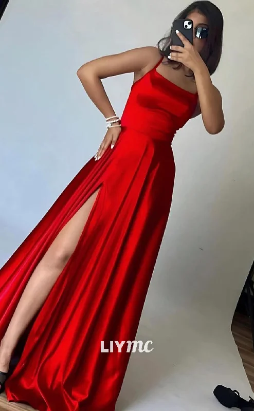 LP1955 - Scoop Spaghetti Straps Lace-Up A-Line Pleated High Slit Sleek Satin Prom Dress