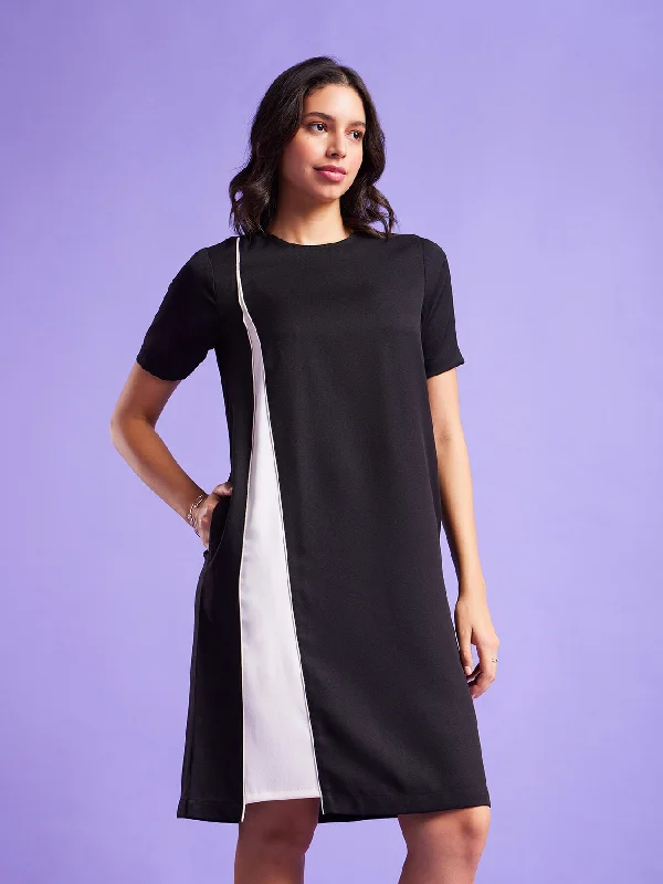 Colour Block Round Neck Dress - Black And White