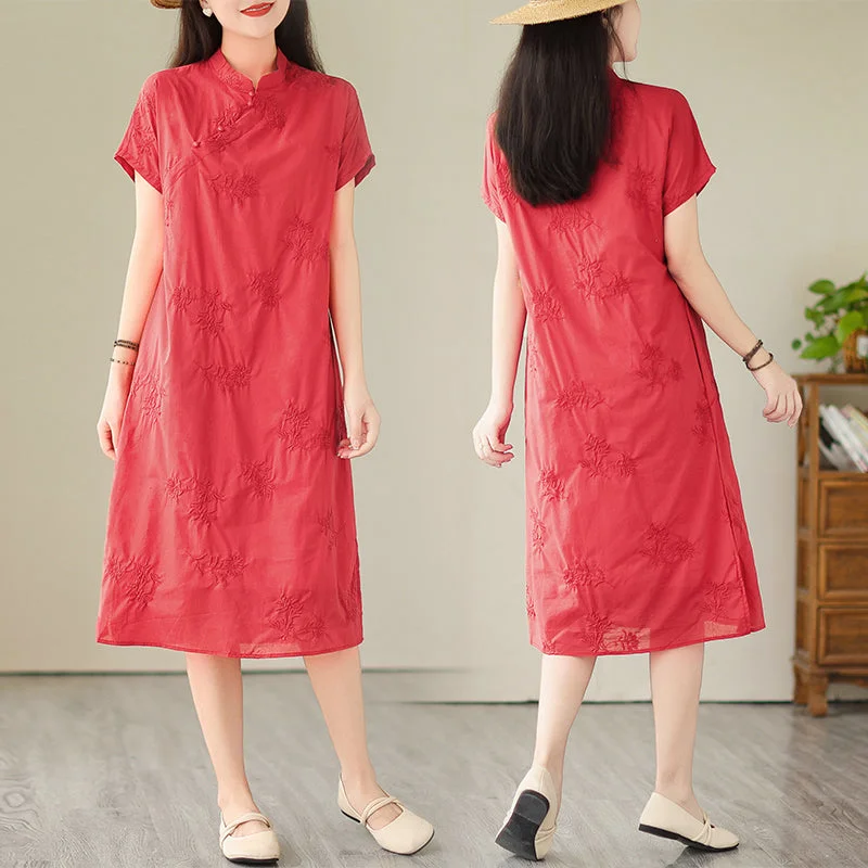 Plus Size Red Casual Cheongsam Midi Dress