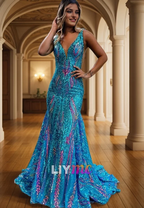 LP2314 - V-Neck Sleeveless Appliques Mermaid Prom Dress