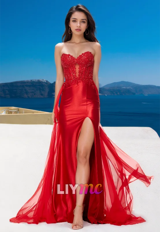 Sweetheart Strapless Lace Appliques Side Slit Sheath Prom Dress