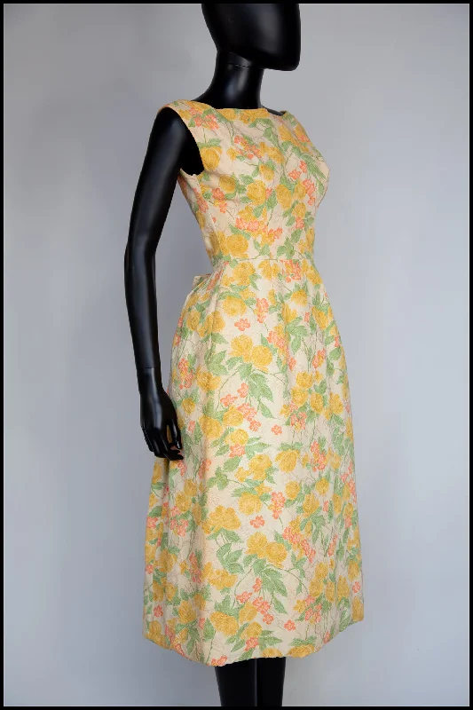 Vintage 1950s Pastel Floral Brocade Cotton Dress