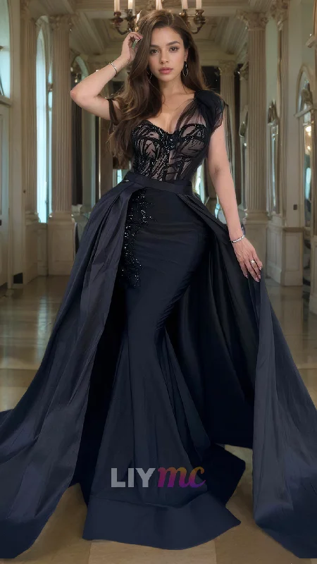 LP795 - One Shoulder Beads Overskirt Black Mermaid Long Formal Prom Dress