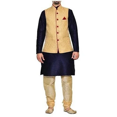 M6, Gold Jacket with Maroon Lining and Navy Blue Kurta Gold Pyjami, Size (38 to 42)