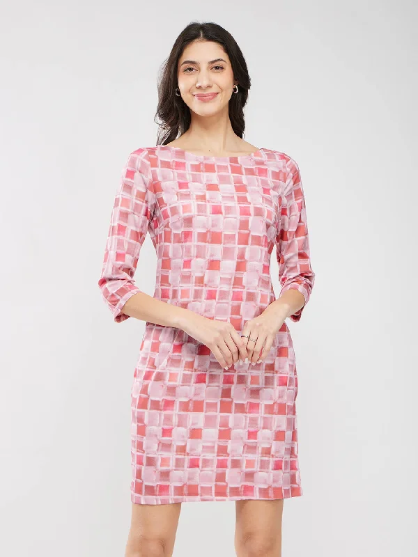 Geometric Print Dress - Pink And Off White