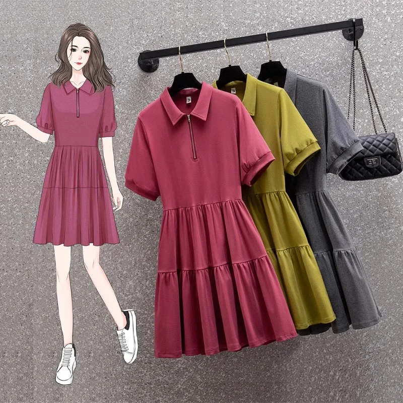 Plus Size Zipper Polo Babydoll Shirt Dress