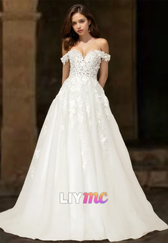 Off-Shoulder Strapless Appliques Pleated A-Line Wedding Dress