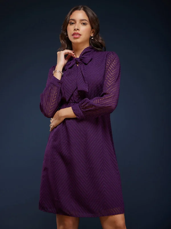 Tie-Up Neck Flared Dress - Purple