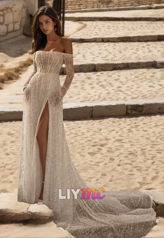 Off-Shoulder Long Sleeves Sparkly Tulle Side Slit A-Line Beach Wedding Dress