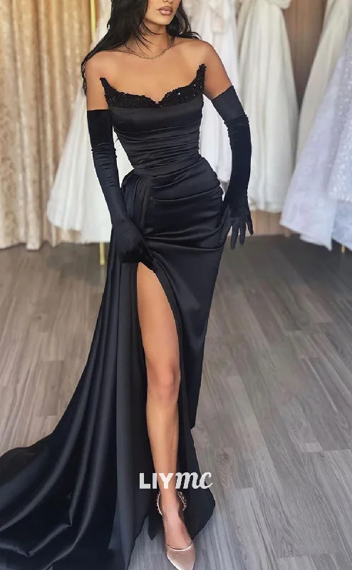 LP2029 - V-Neck Long Sleeves Sleek Satin Fitted High Slit Prom Dress