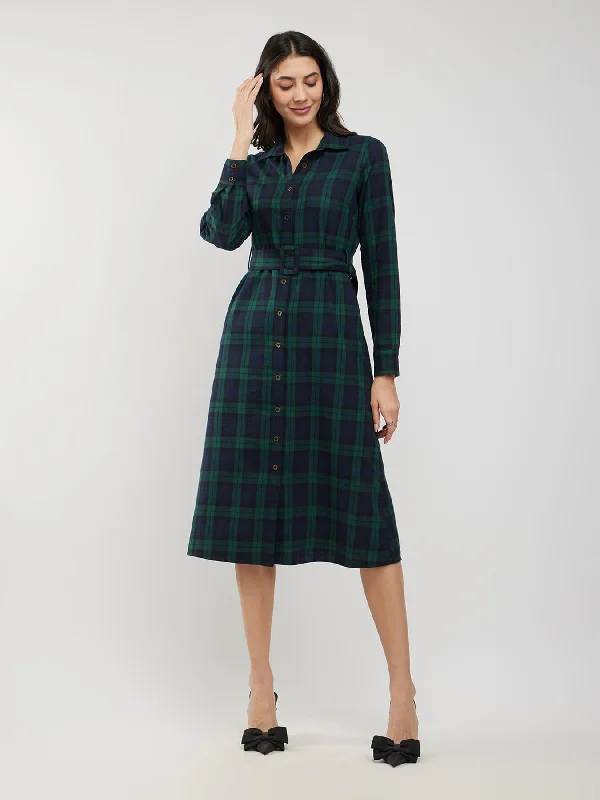 Cotton Checkered Shirt Dress - Green And Black