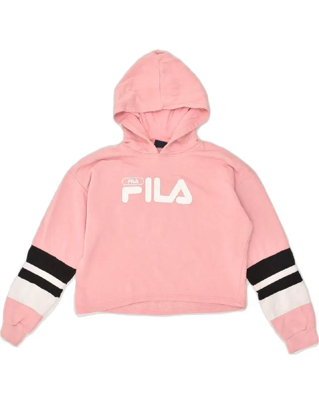 FILA Womens Graphic Hoodie Jumper UK 14 Large Pink Colourblock Cotton