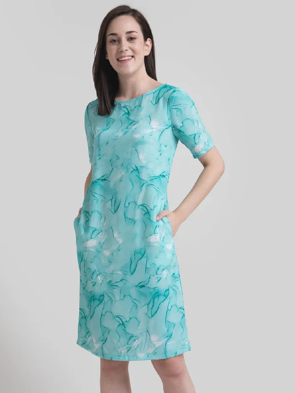 Boat Neck Marble Print Shift Dress - Aqua