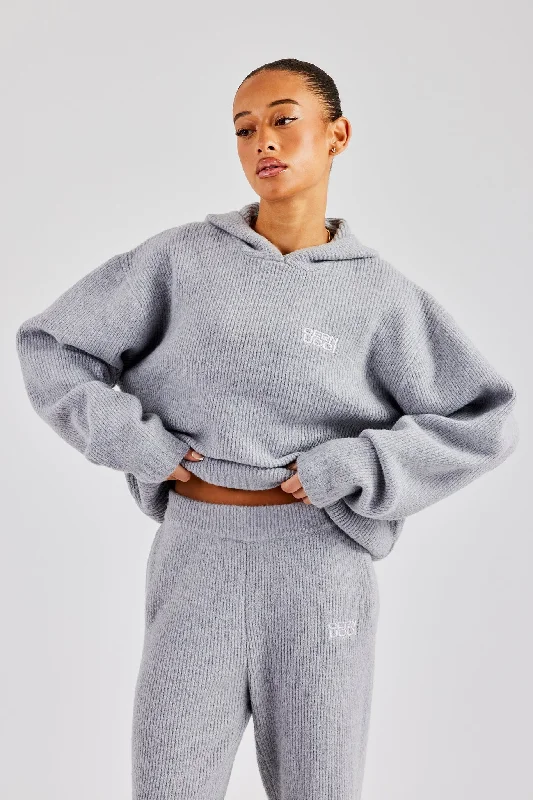 Knit Boxy Embroidered Hoodie - Grey