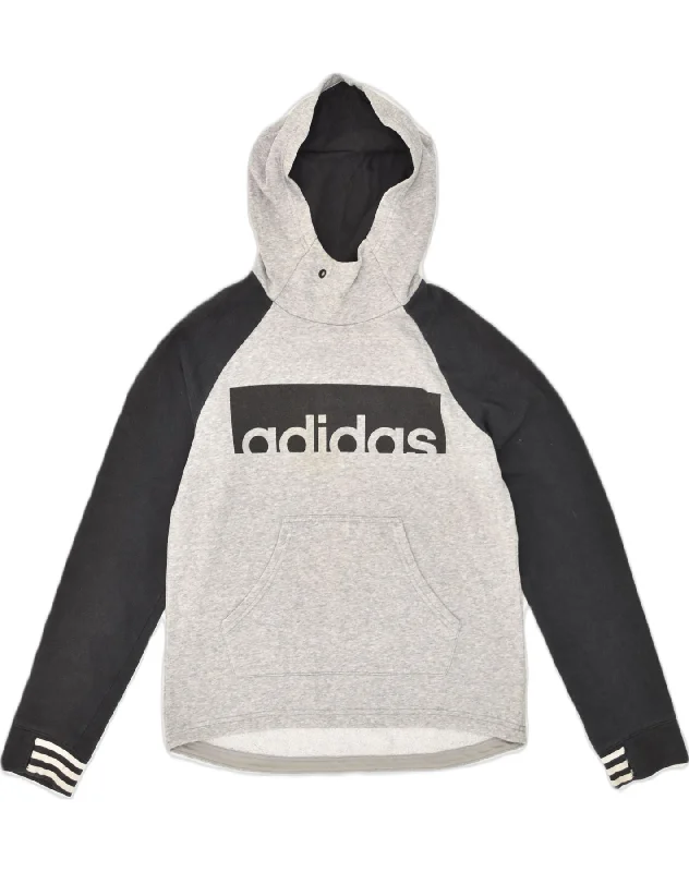 ADIDAS Womens Graphic Hoodie Jumper UK 8/10 Small Grey Colourblock Cotton