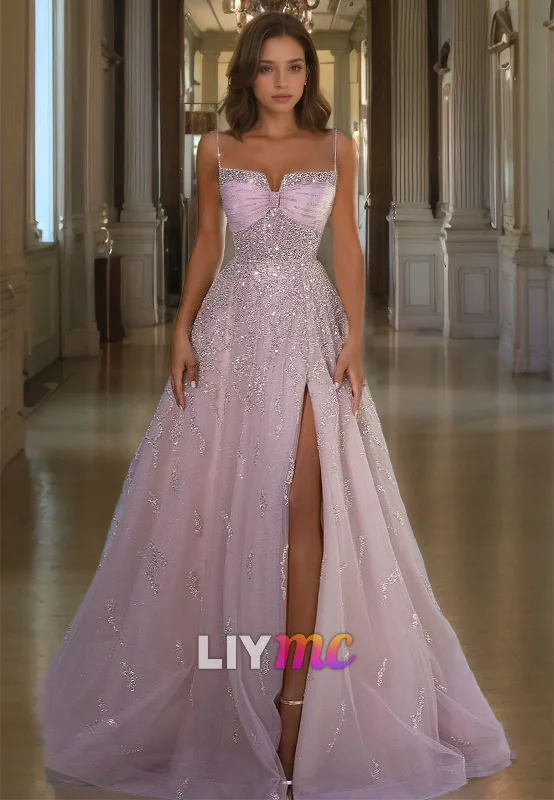 LP1099 - A Line Spaghetti Straps Side Slit Pink Long Formal Prom Dress