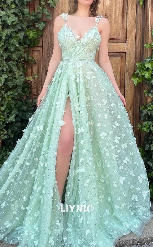 LP2101 - V-Neck Spaghetti Straps Floral Side Slit A-Line Prom Dress