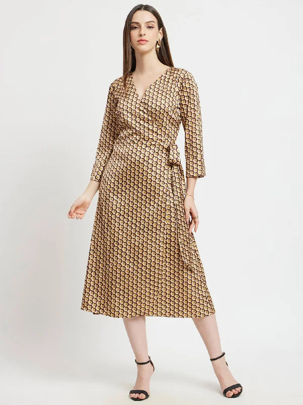 Satin Geometric Print Wrap Dress - Brown And Beige