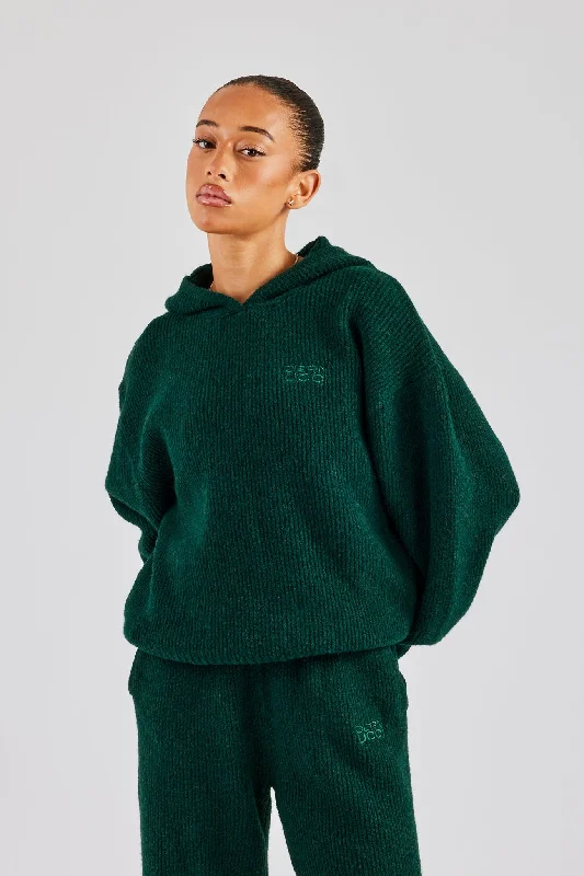 Knit Boxy Embroidered Hoodie - Forest Green