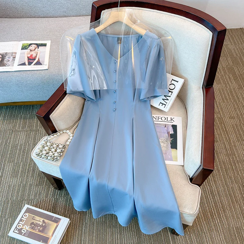 Plus Size Korean V Neck Buttons Midi Dress (EXTRA BIG SIZE)