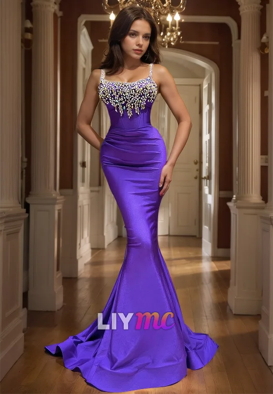 LP1052 - Spaghetti Straps Satin Beads Mermaid Formal Prom Dress