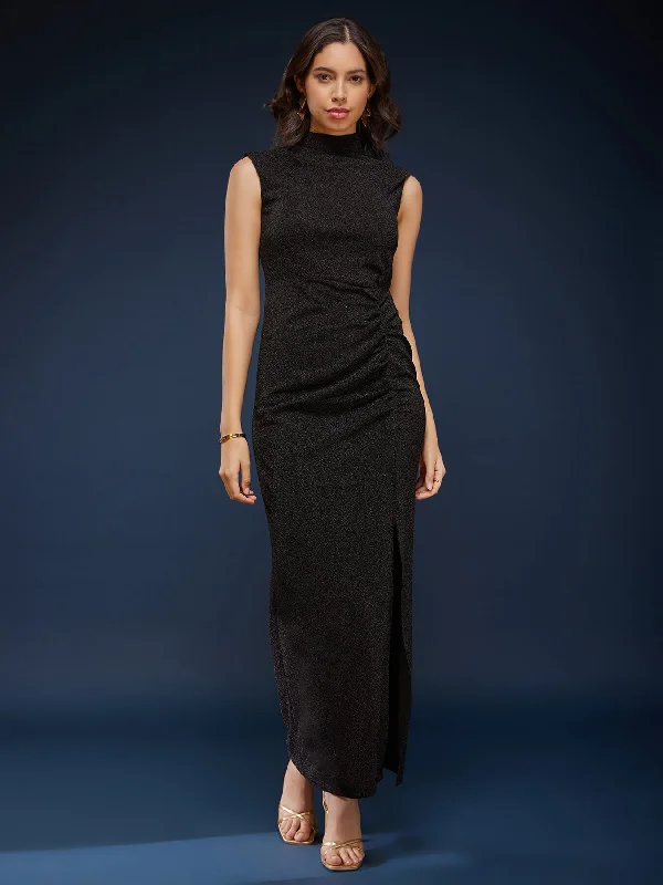 High Neck Slit Maxi Dress - Black