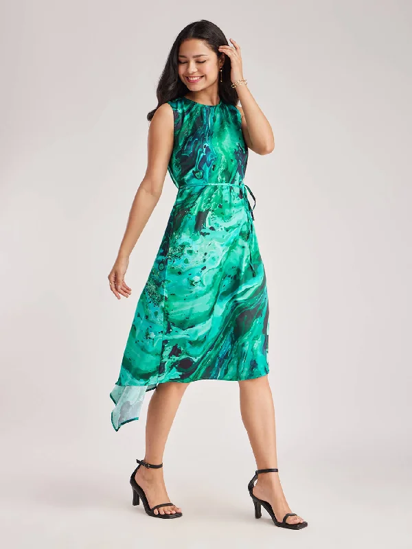 Satin Asymmetrical Sleeveless Dress - Teal