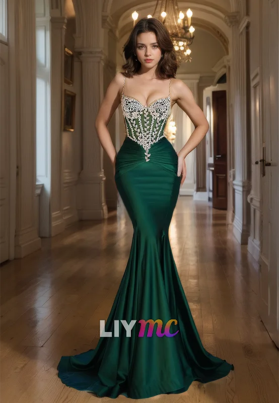 Sweethear Sleeveless Appliques Pleated Sleek Mermaid Prom Dress