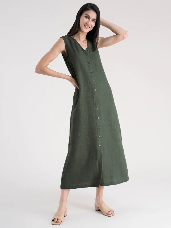 Cotton Button Down A-Line Dress - Olive