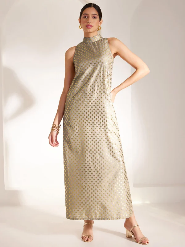 Foil Print High Neck Dress - Beige And Gold