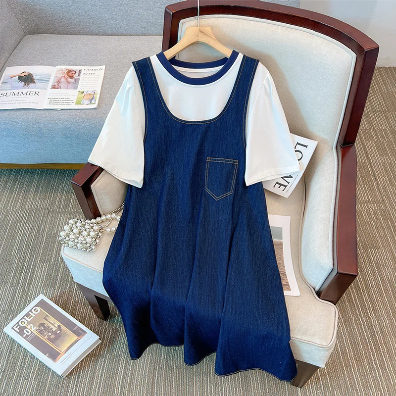 Plus Size Pinafore Denim Dress And White T Shirt Top Set (EXTRA BIG SIZE)