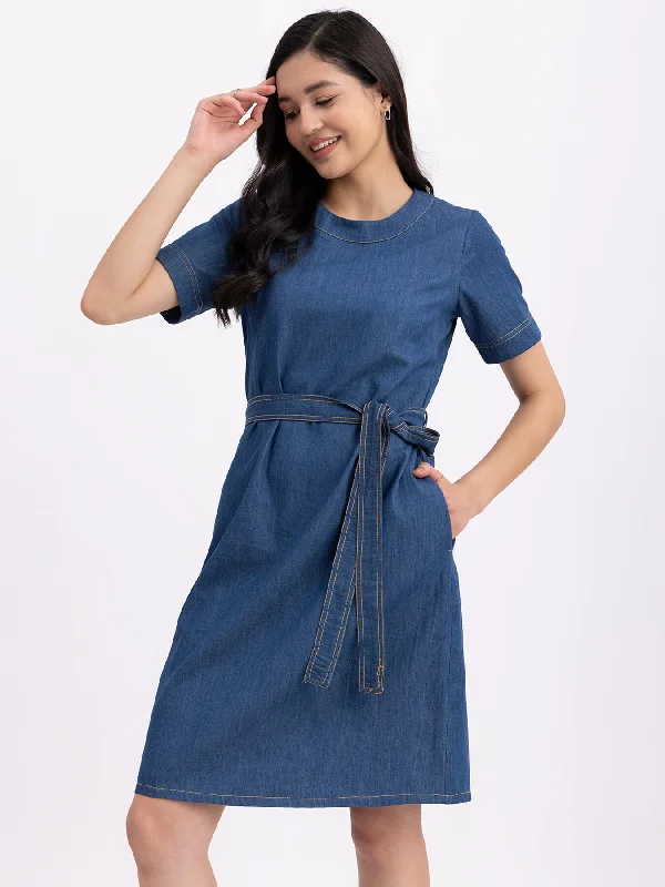 Denim Round Neck Dress - Navy Blue