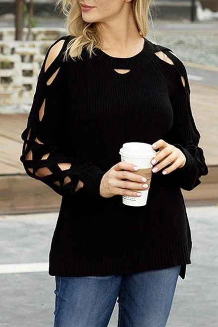 Black Cutout Detail Ribbed Knit Sweater