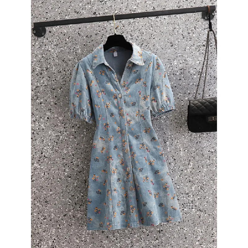 Plus Size Korean Floral Denim Dress