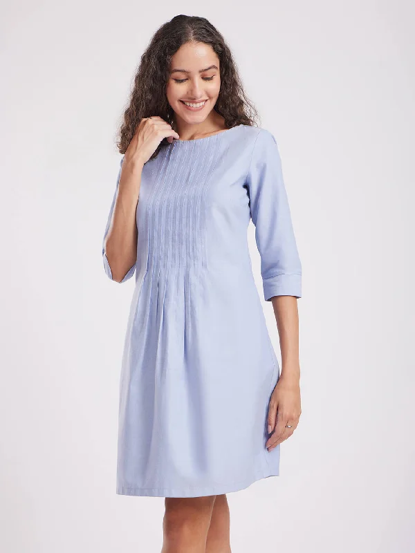 Textured Cotton Pintuck A-line Dress - Light Blue