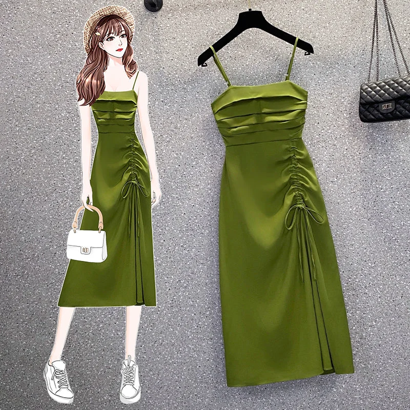 Plus Size Scrunch Square Neck Green Cami Midi Dress