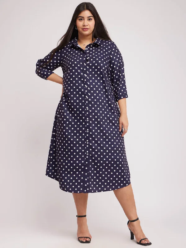 Polka Print Shirt Dress - Navy Blue And White