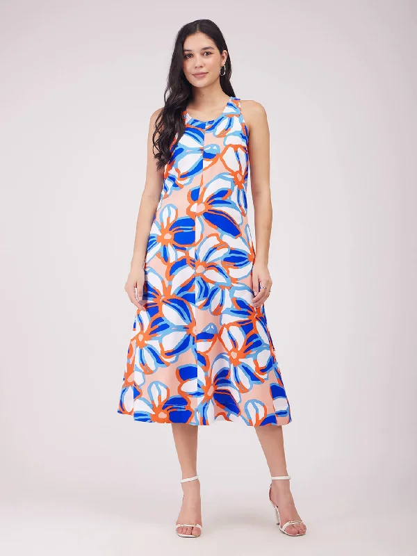 Floral A-line Dress - Blue And Orange