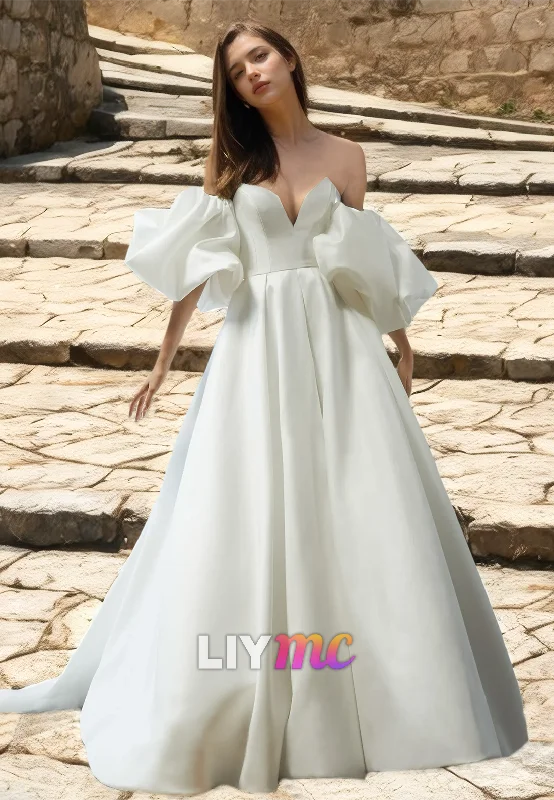 V-Neck Puff Sleeves Pleated Sleek Satin A-Line Wedding Dress