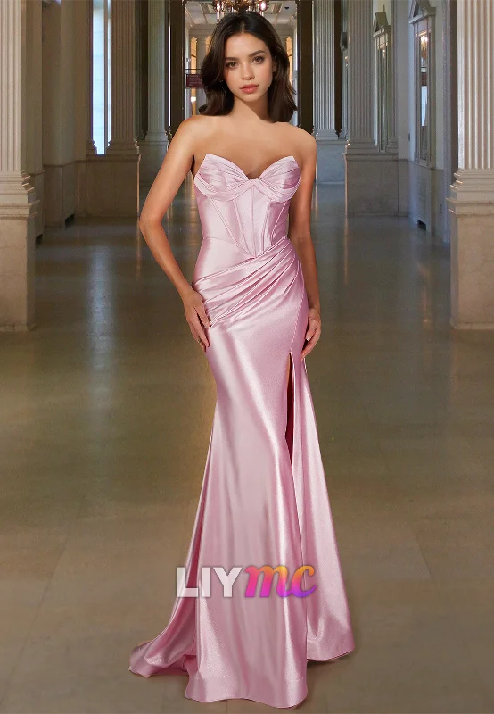 Sweetheart Sleeveless Pleated Sleek Side Slit Sheath Prom Dress