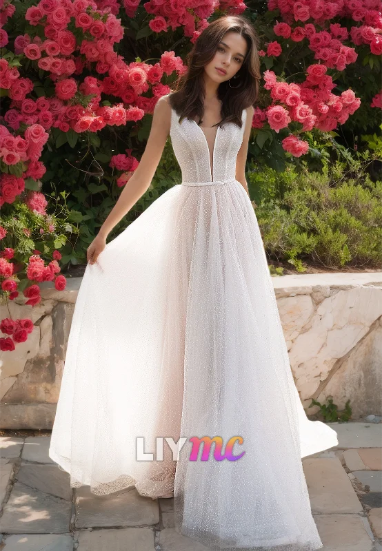 V-Neck Sleeveless Tulle A-Line Beach Wedding Dress