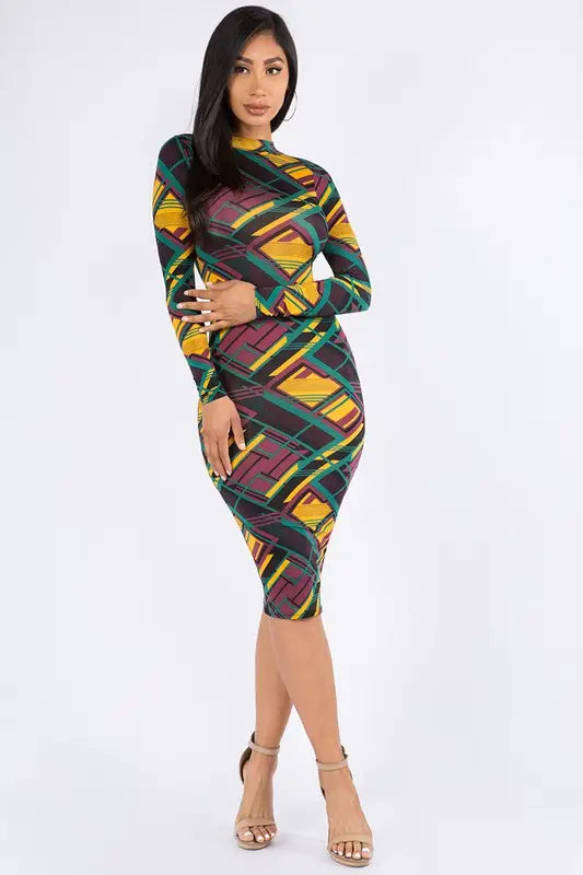 Mock Neck Print Double Layer Long Sleeve Midi Dress