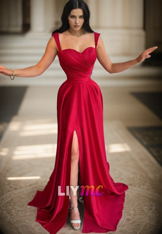 LP2274 - Sweetheart Straps Pleated A-Line High Slit Formal Prom Dress