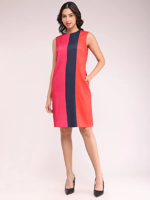 Colour Block Shift Dress - Fuchsia, Navy And Orange